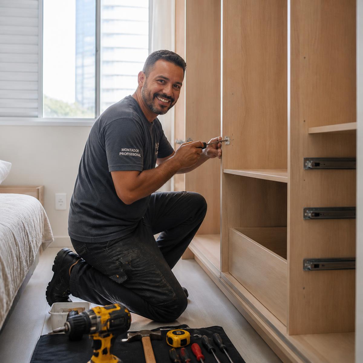 Montador ajustando as dobradiças de um armário de madeira em um quarto residencial